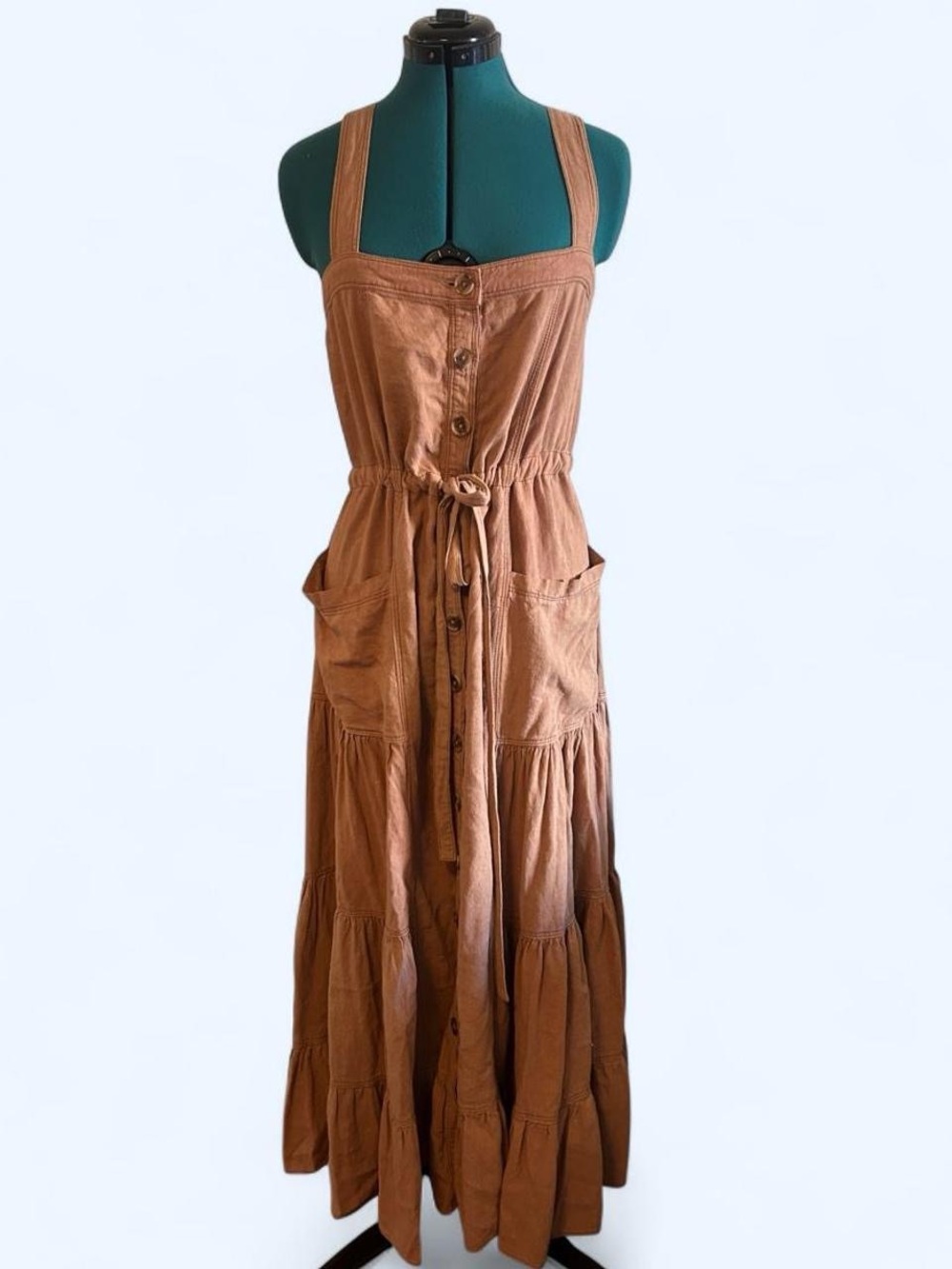 Free People Rust-Brown Button Front Tiered Maxi Dress